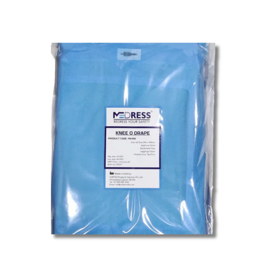 Medress blue knee-drape surgical product packaged in a clear plastic bag with a label showing the brand and product name.