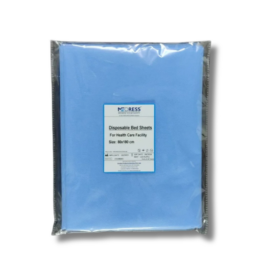 A packaged blue disposable bed sheet labeled for healthcare facility use.