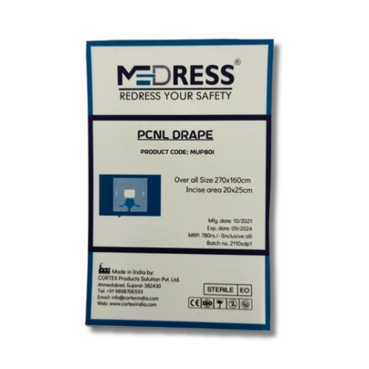 Packaging for MEDRESS Disposable PCNL Surgical Drape, displaying product information, size, material, and usage in a hospital setting.