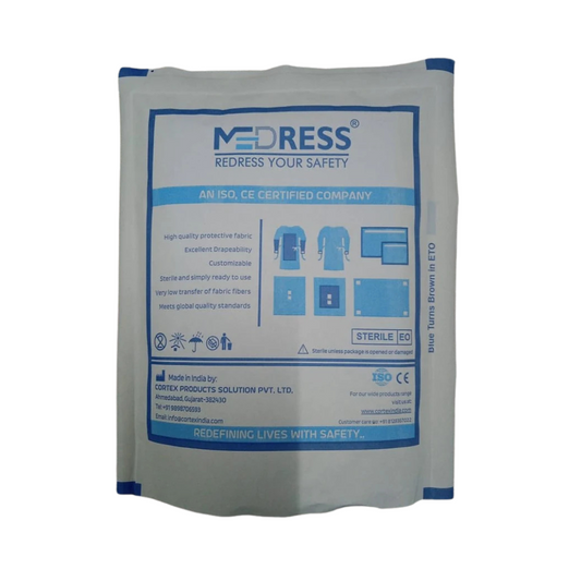 A packaged MEDRESS isolation gown with branding and product information displayed on the label.