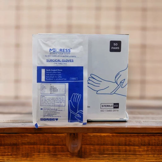 A pack of MEDRESS disposable surgical gloves in white color, with 50 pairs indicated on the front. The packaging is sterile and it is designed with blue text and graphics on a white background.