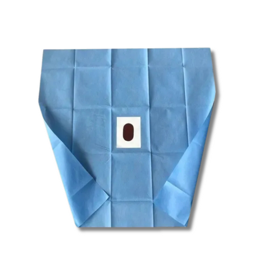 Medress blue disposable drape gown laid flat with an oval opening at the center