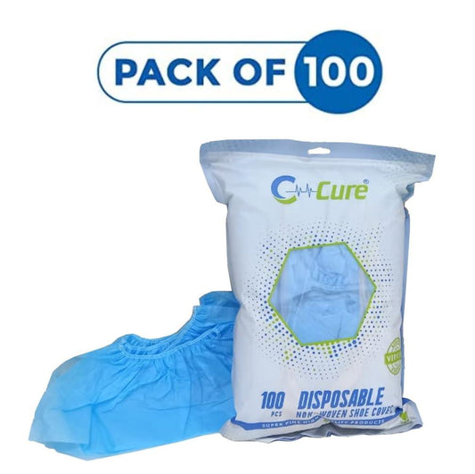 Pack of 100 disposable blue shoe covers with C-cure brand packaging 