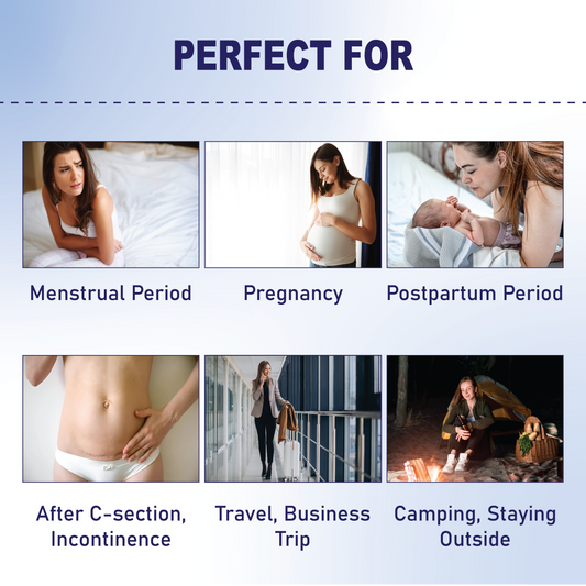 Product advertisement showing its versatility for various stages of life including menstrual period, pregnancy, postpartum, after C-section, incontinence, travel, business trip, and camping.