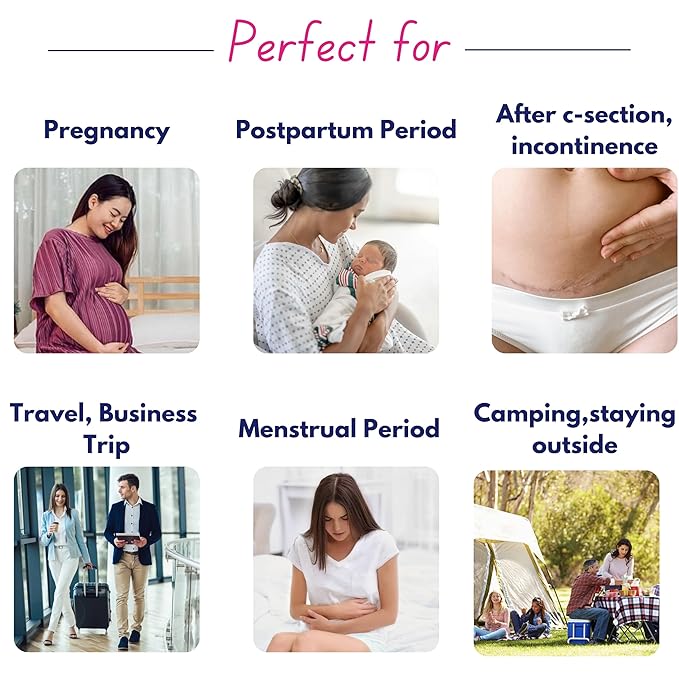 Product usage scenarios for various situations including pregnancy, postpartum, travel, and camping.
