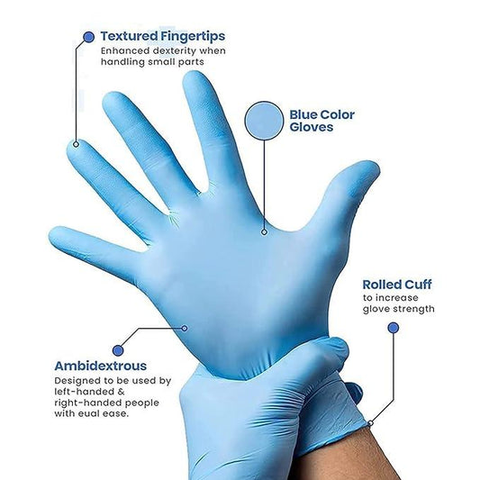 Nitrile Blue hand glove with features highlighted 