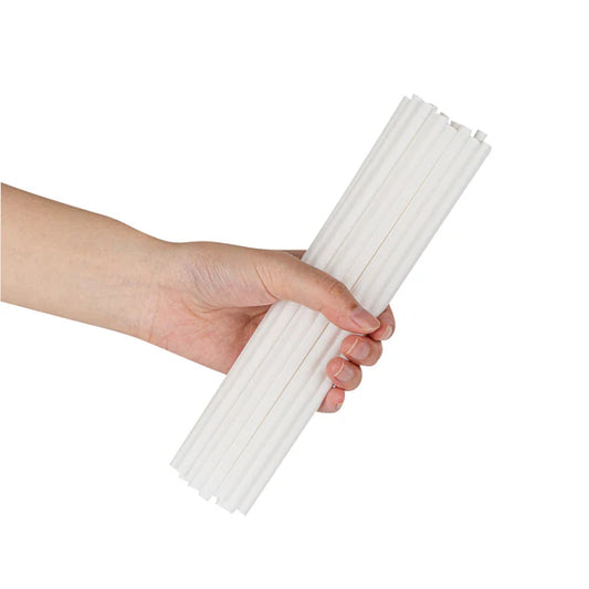 Hand holding a bundle of Ecoz Compostable white straws. 
