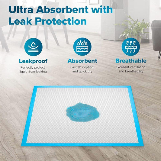 Absorbent pad with blue liquid spill on a wooden floor, and featuring like a  absorbency and leak protection.