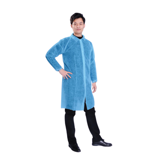 Person wearing a blue disposable non-woven blue gown/lab coat