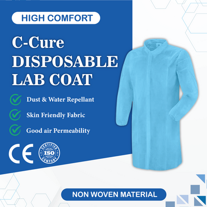 Blue disposable lab coat with certification logos and features 