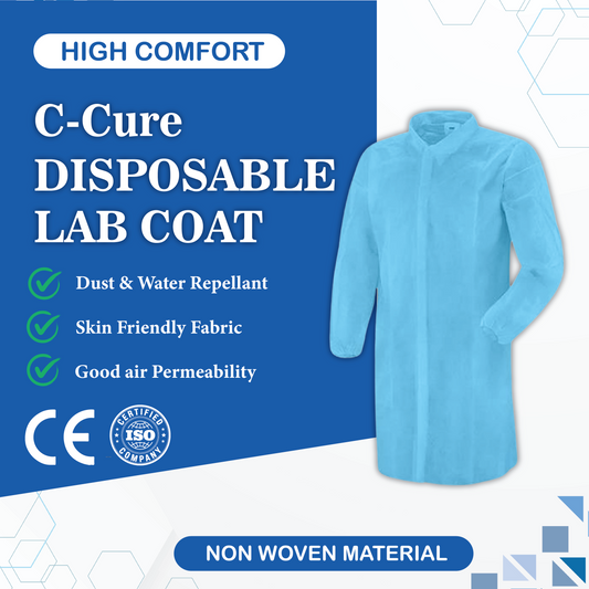 Blue disposable lab coat with certification logos and features 
