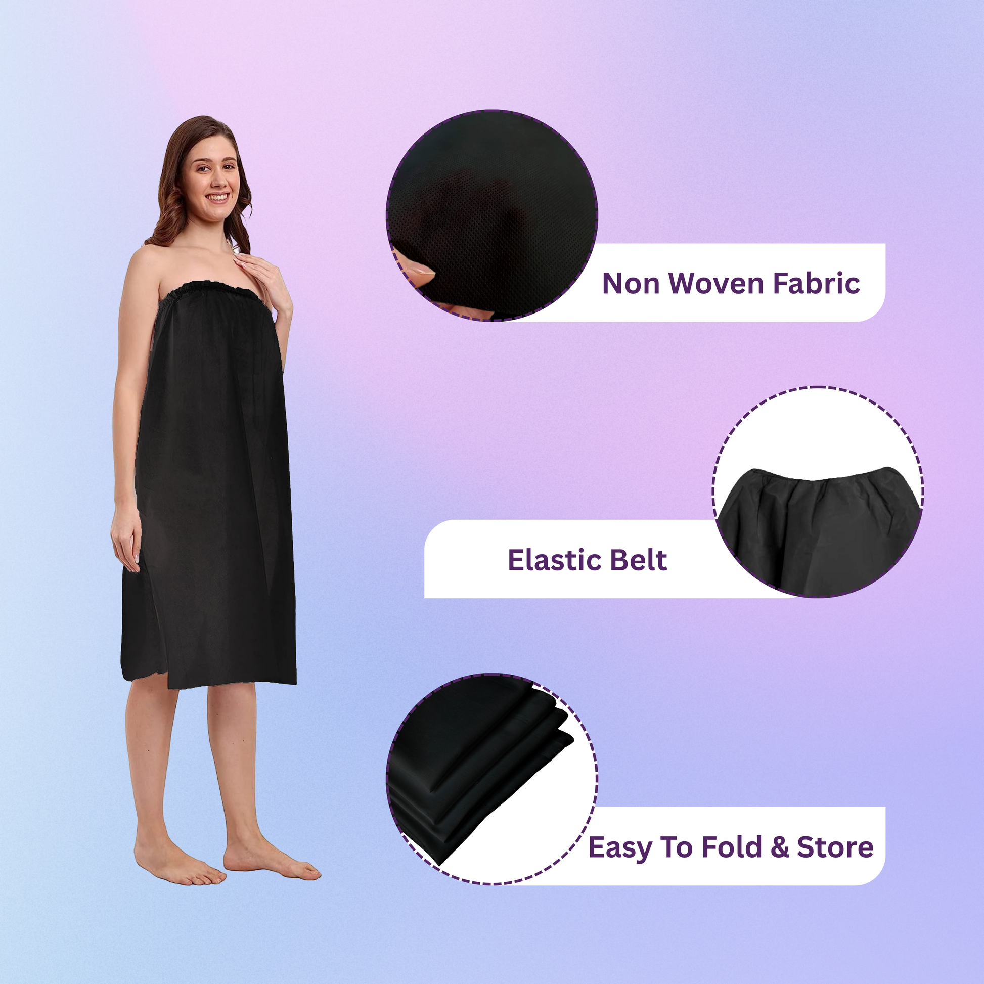Woman wearing a black spa gown with features highlighted.