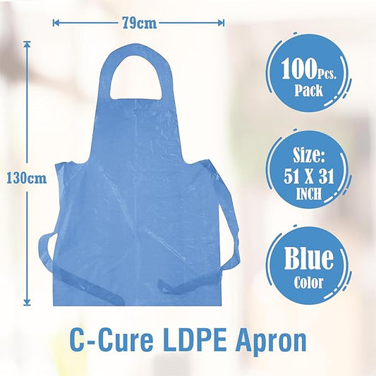 Blue apron with measurements and product details