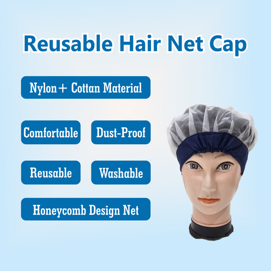 Reusable hair net cap with features listed.