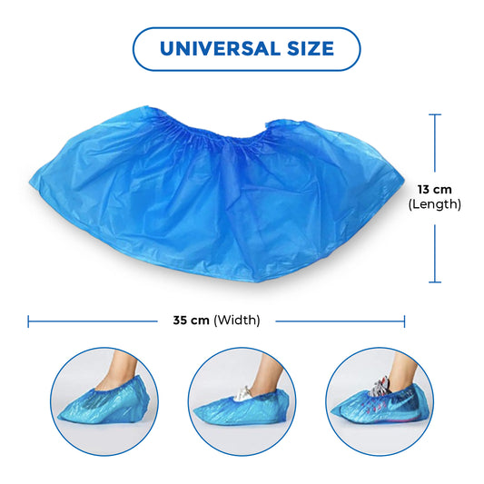 Blue shoe covers with measurements and usage examples 