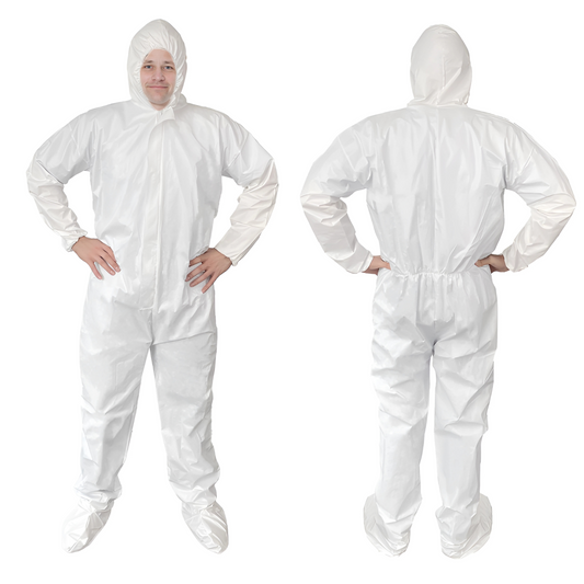 White protective suit with hood shown from front and back 