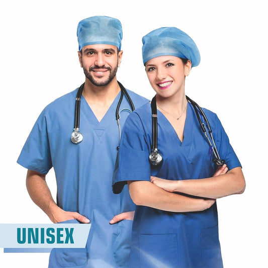 Two healthcare professionals in blue scrubs ( c-cure surgeon cap )