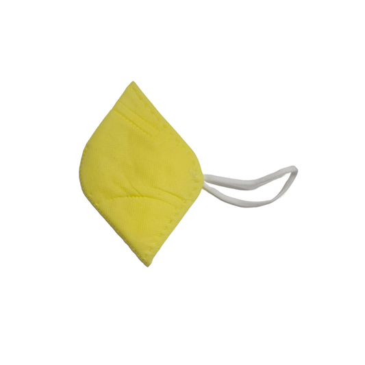 Yellow face mask with a white strap on 